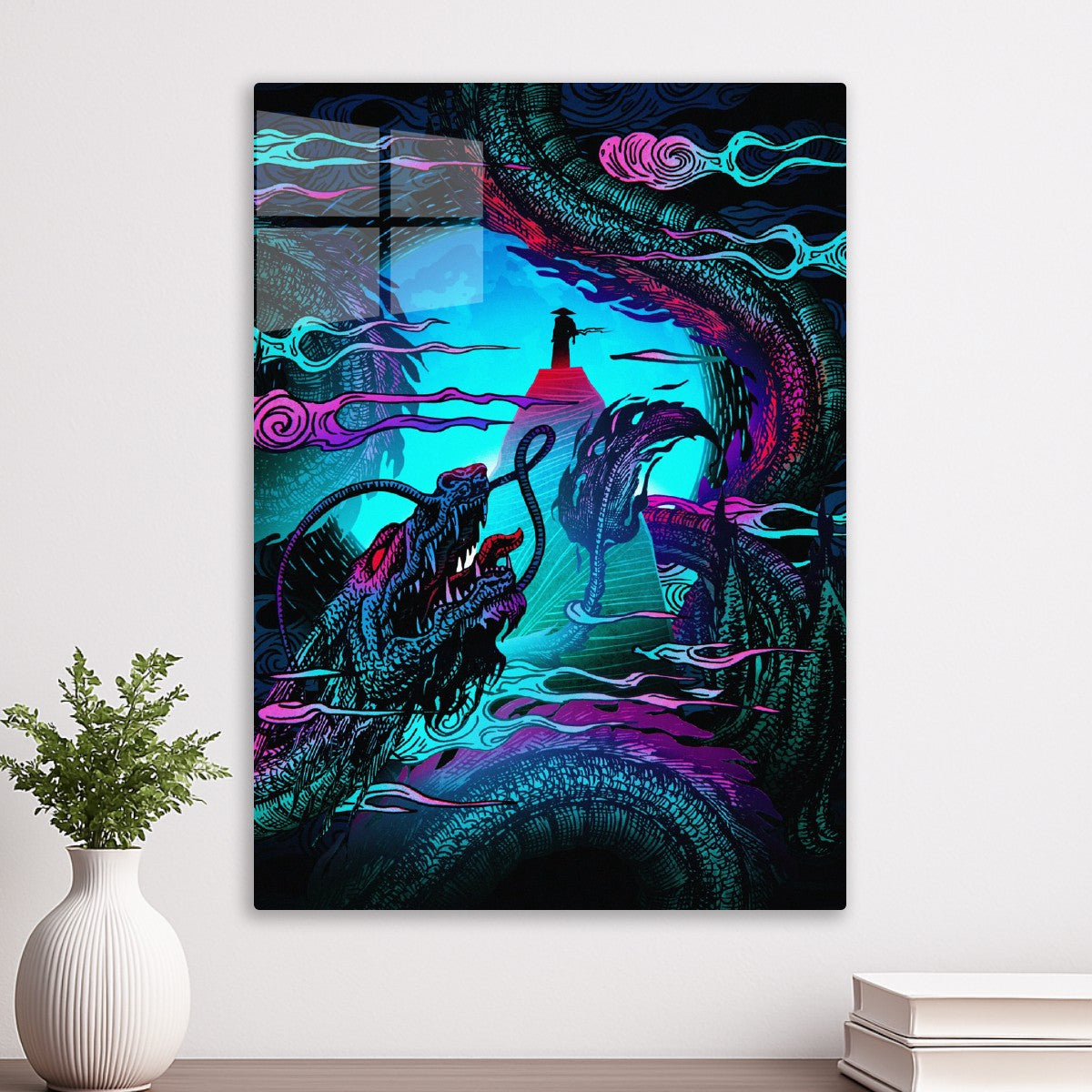 Neon Dragons and Lone Figure
