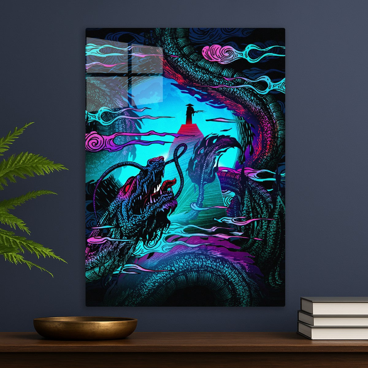 Neon Dragons and Lone Figure