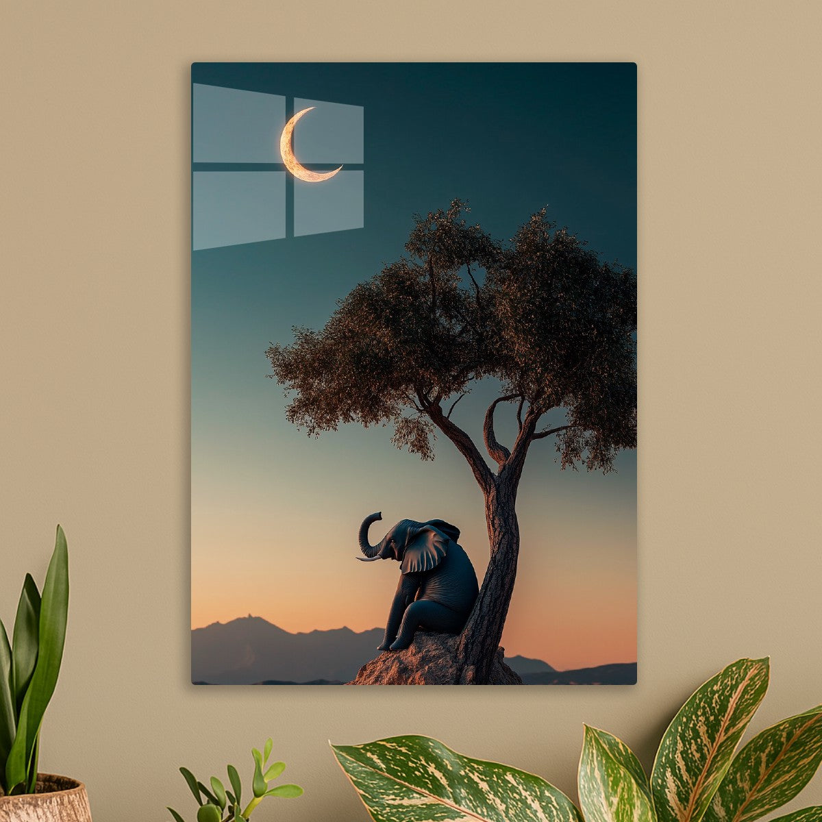 Elephant and crescent moon