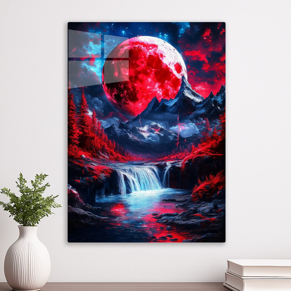 Crimson Moonlit Cascade