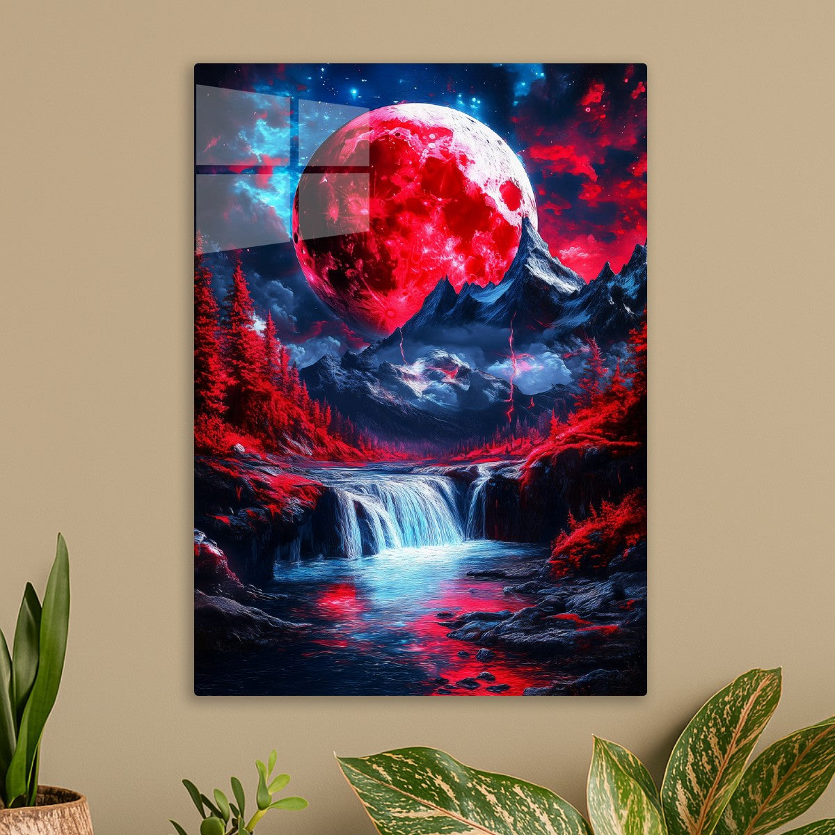 Crimson Moonlit Cascade