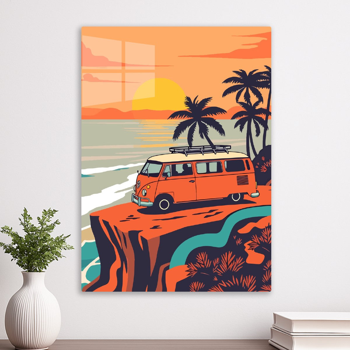 Retro van and sunset