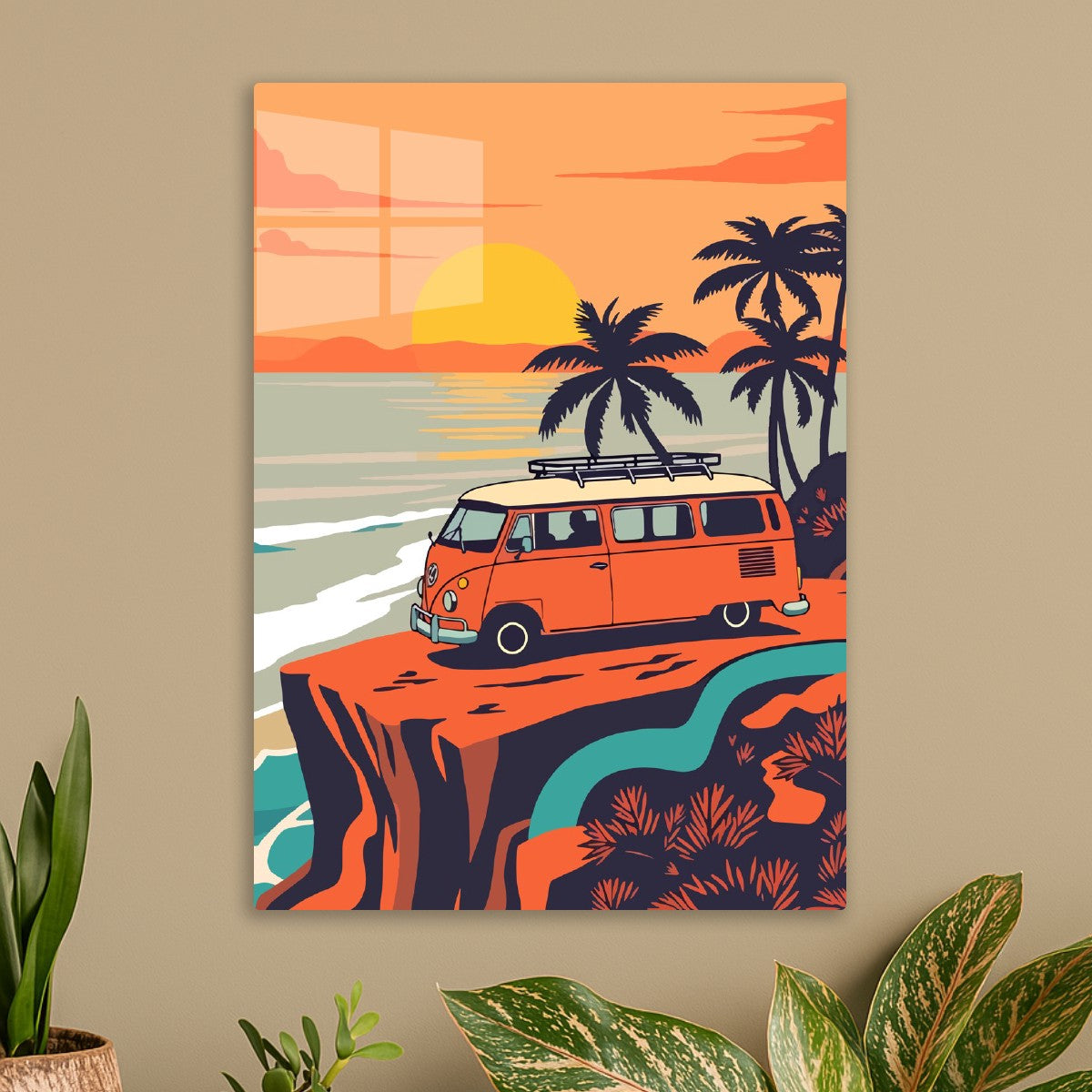 Retro van and sunset