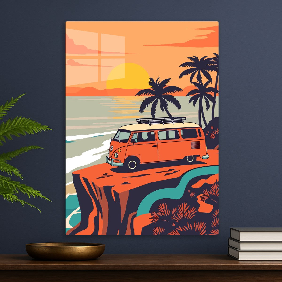Retro van and sunset