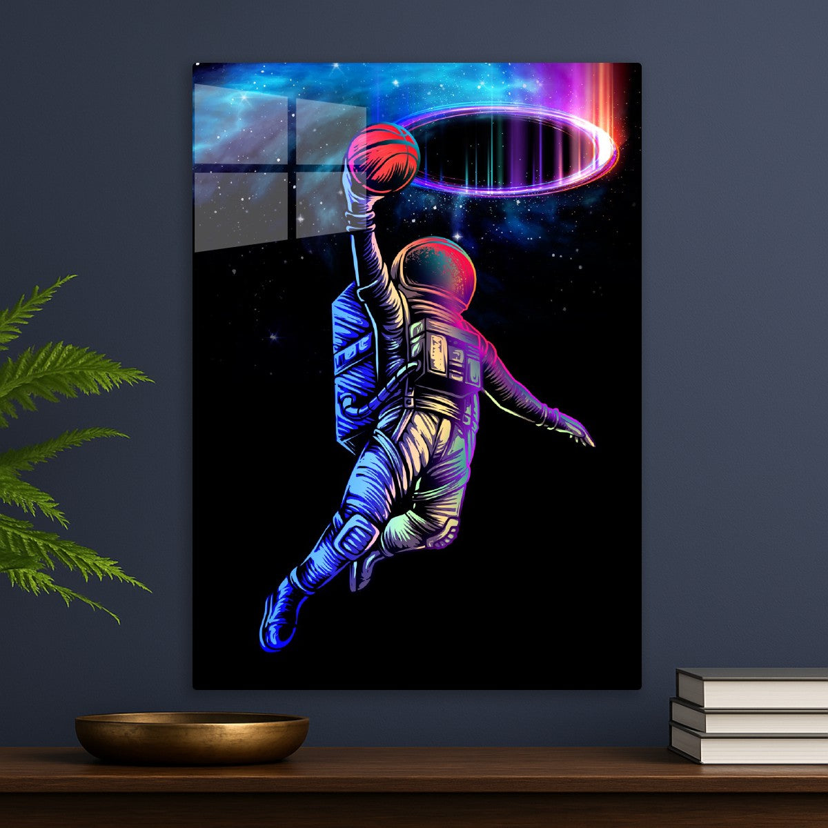 Astronaut holding on a basket ball