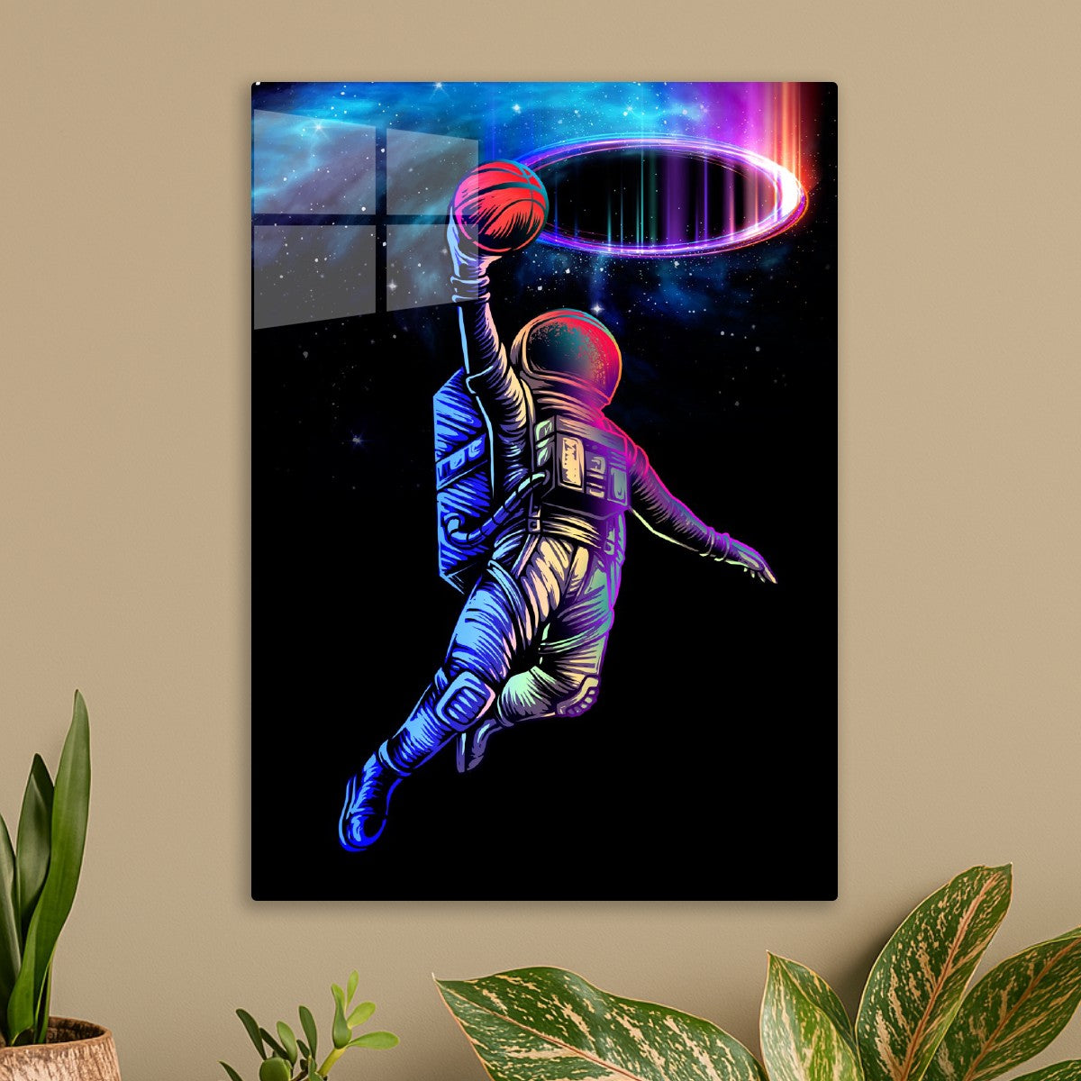 Astronaut holding on a basket ball