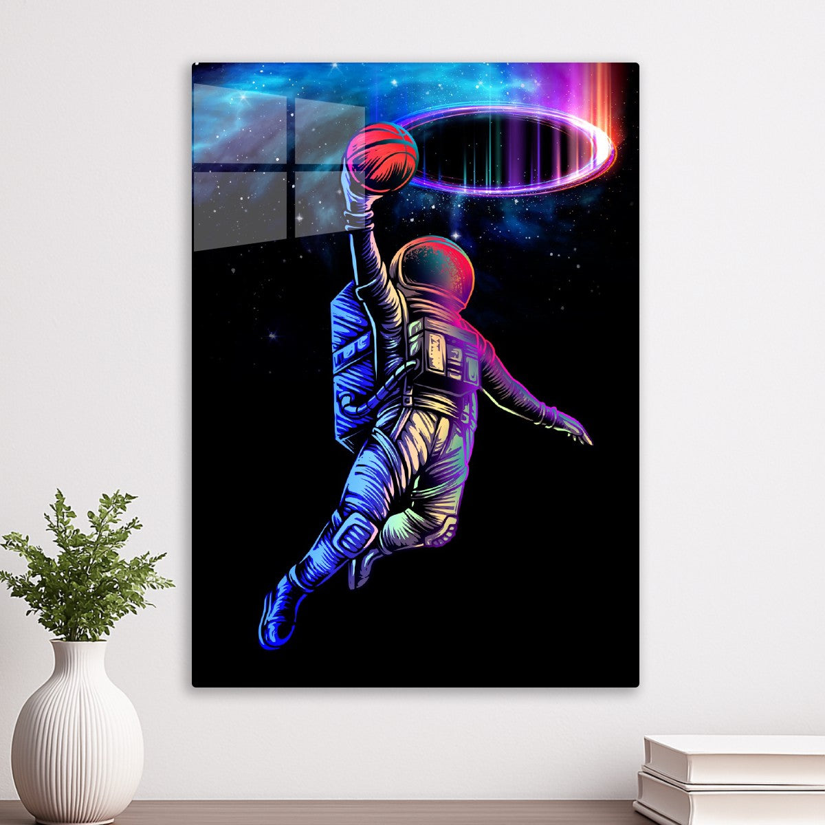 Astronaut holding on a basket ball