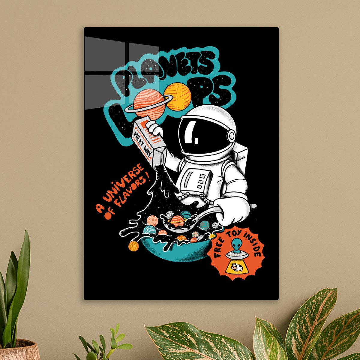 Astronaut holding on a milky way carton