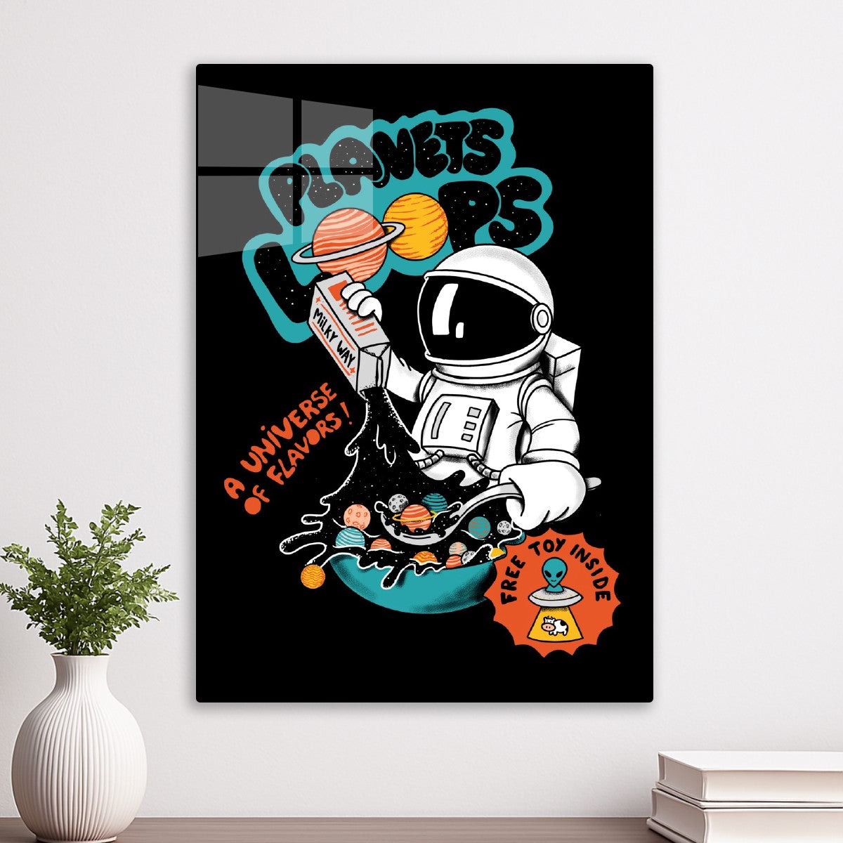 Astronaut holding on a milky way carton