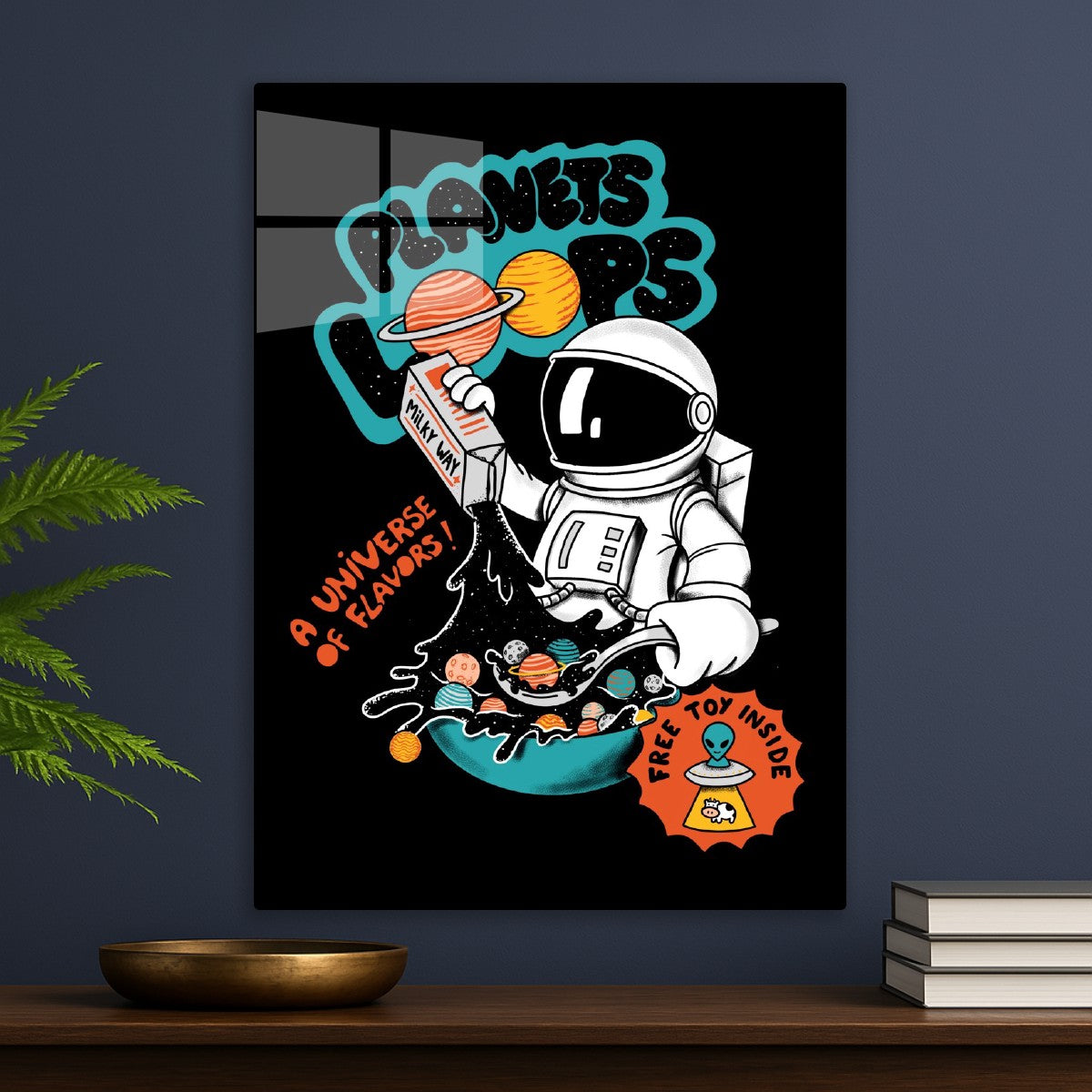 Astronaut holding on a milky way carton