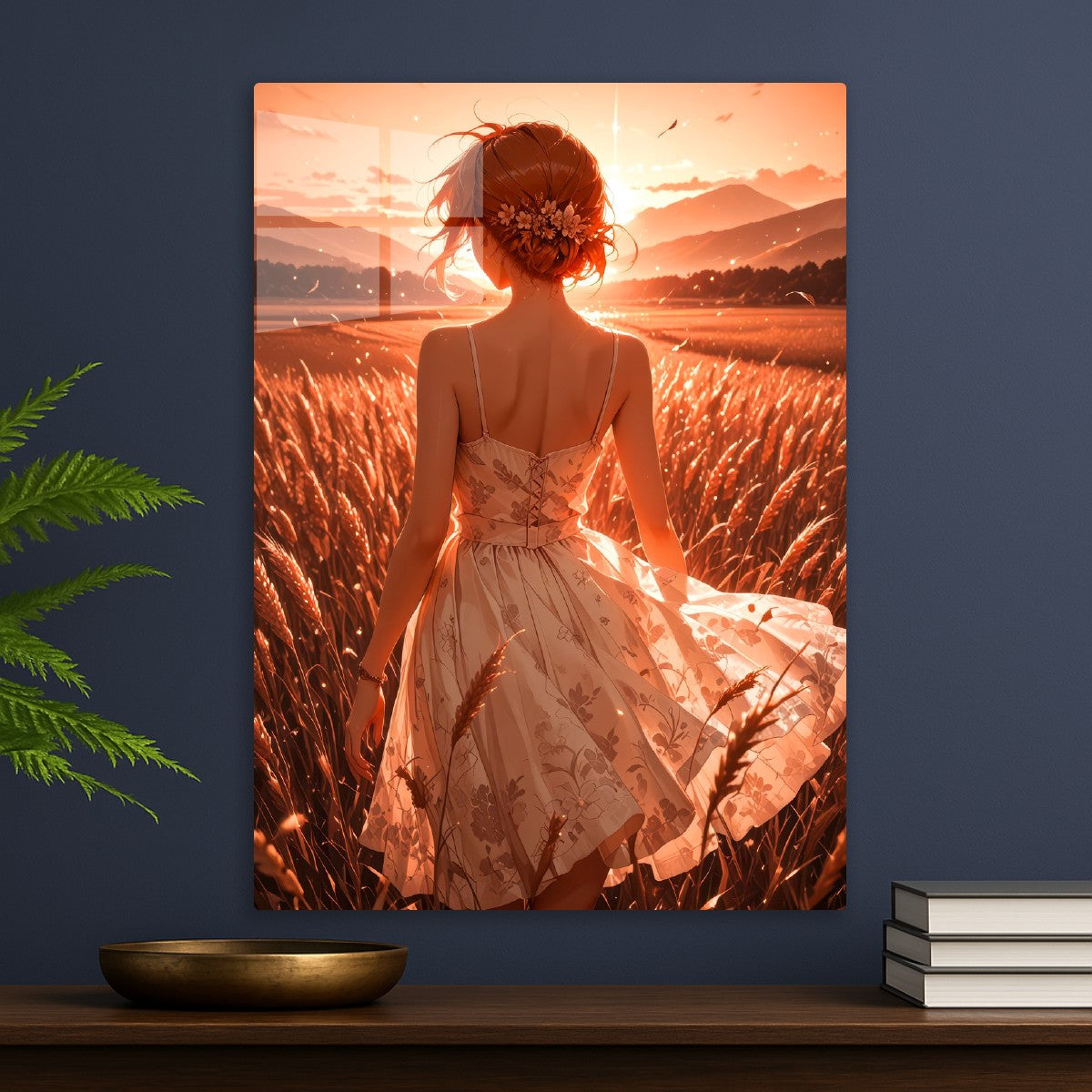 Pretty lady walking on wheatfields