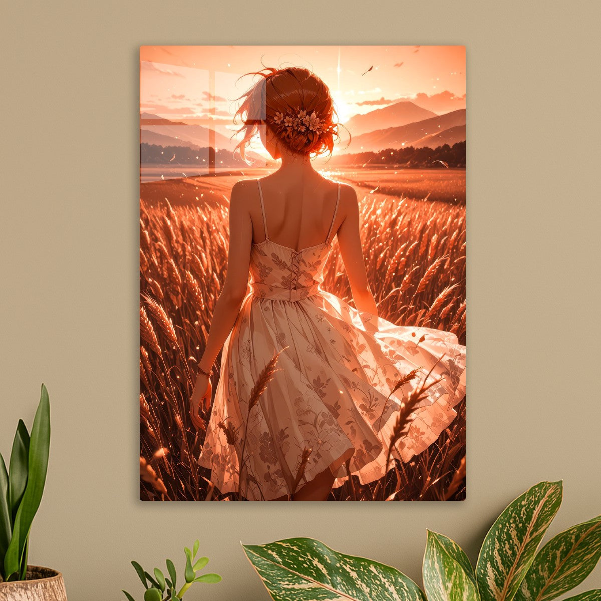 Pretty lady walking on wheatfields