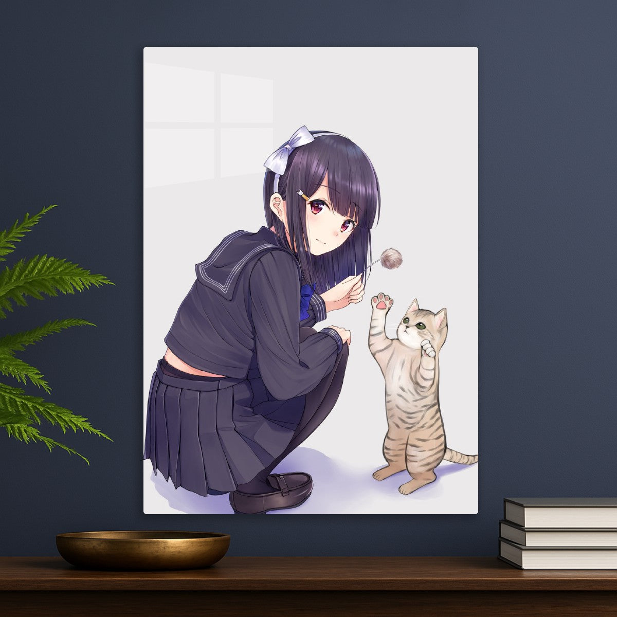 Anime girl playing with a cat