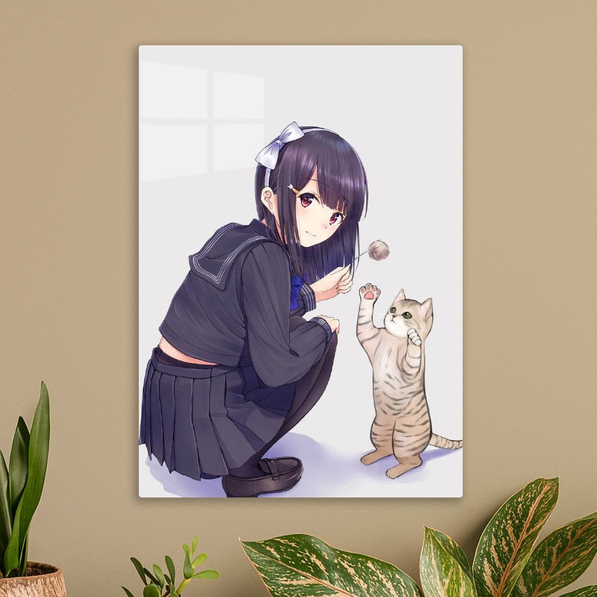 Anime girl playing with a cat