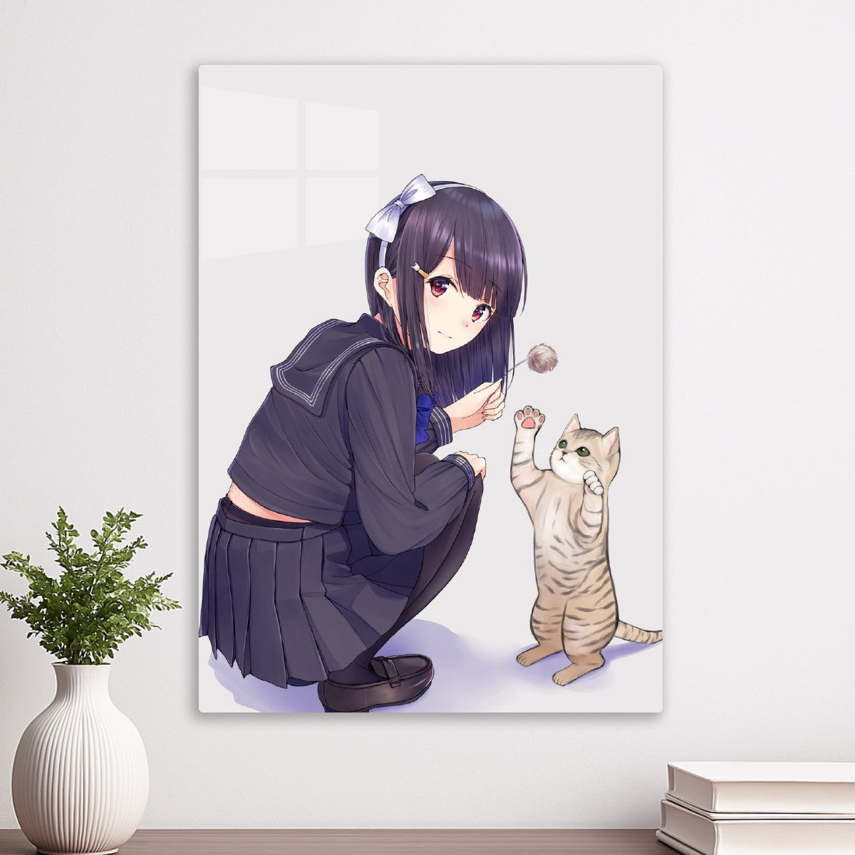 Anime girl playing with a cat
