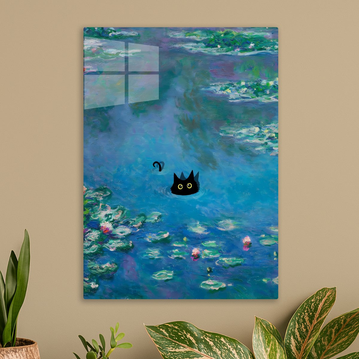 Black cat swimming in pond water lilies lake