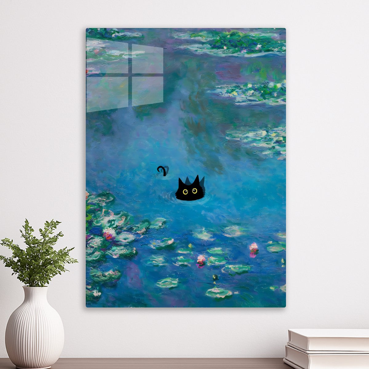Black cat swimming in pond water lilies lake