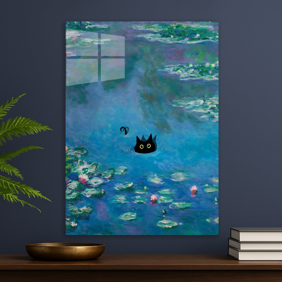 Black cat swimming in pond water lilies lake