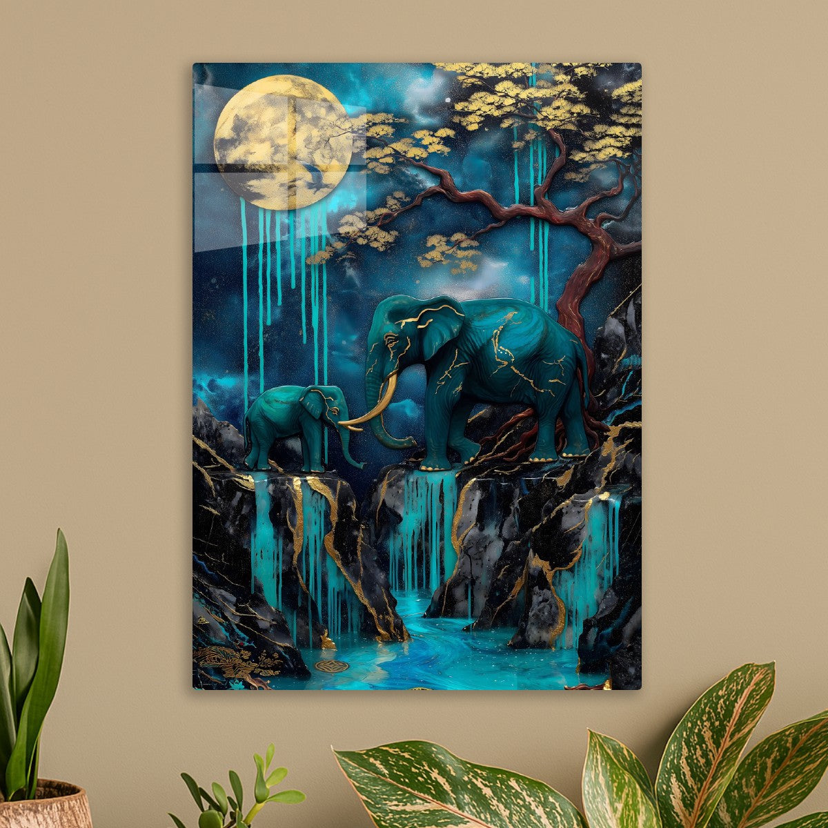 Moonlit Elephants' Journey