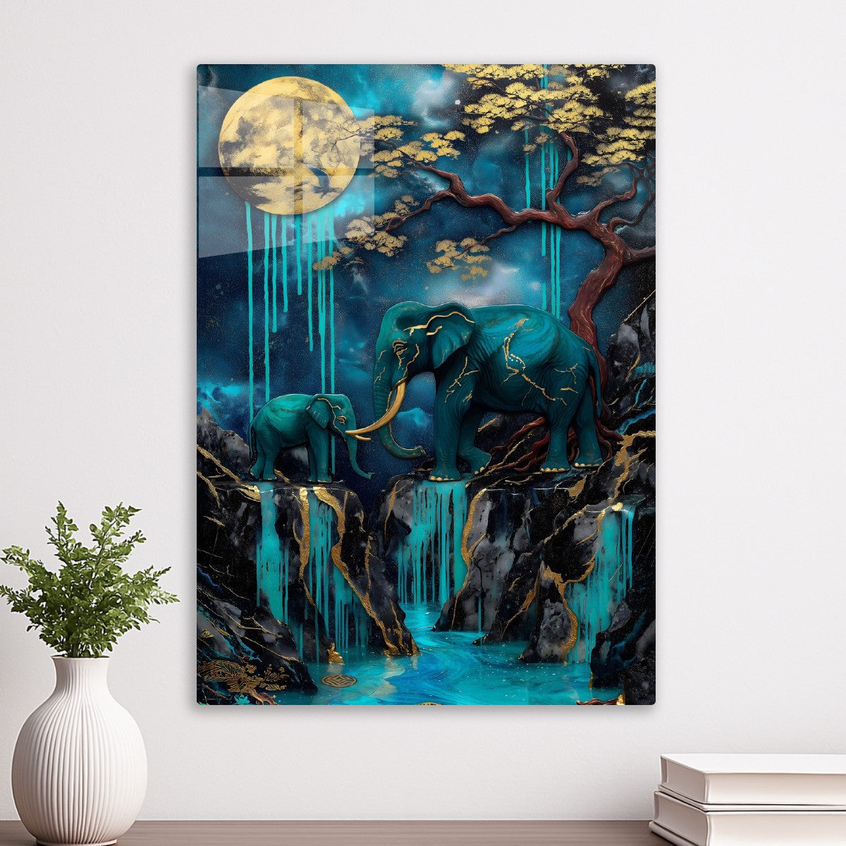 Moonlit Elephants' Journey