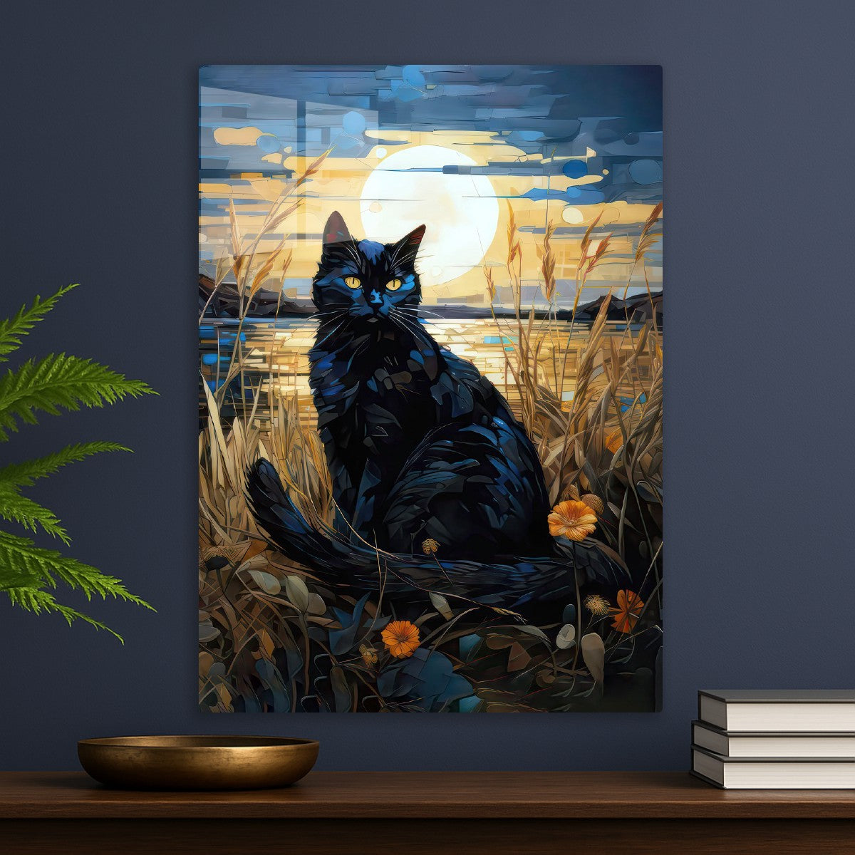black cat painting gold moon