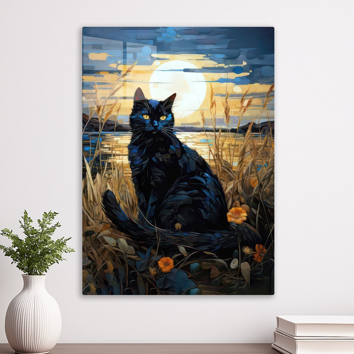 black cat painting gold moon