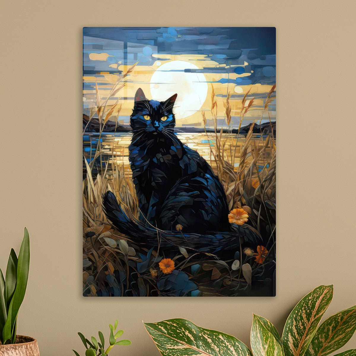 black cat painting gold moon