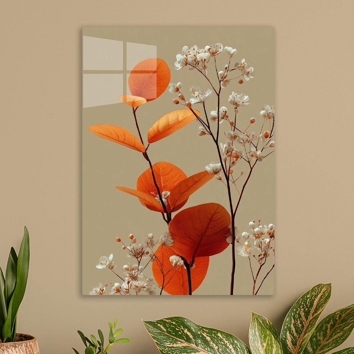 White flowers and orange leaves minimalism