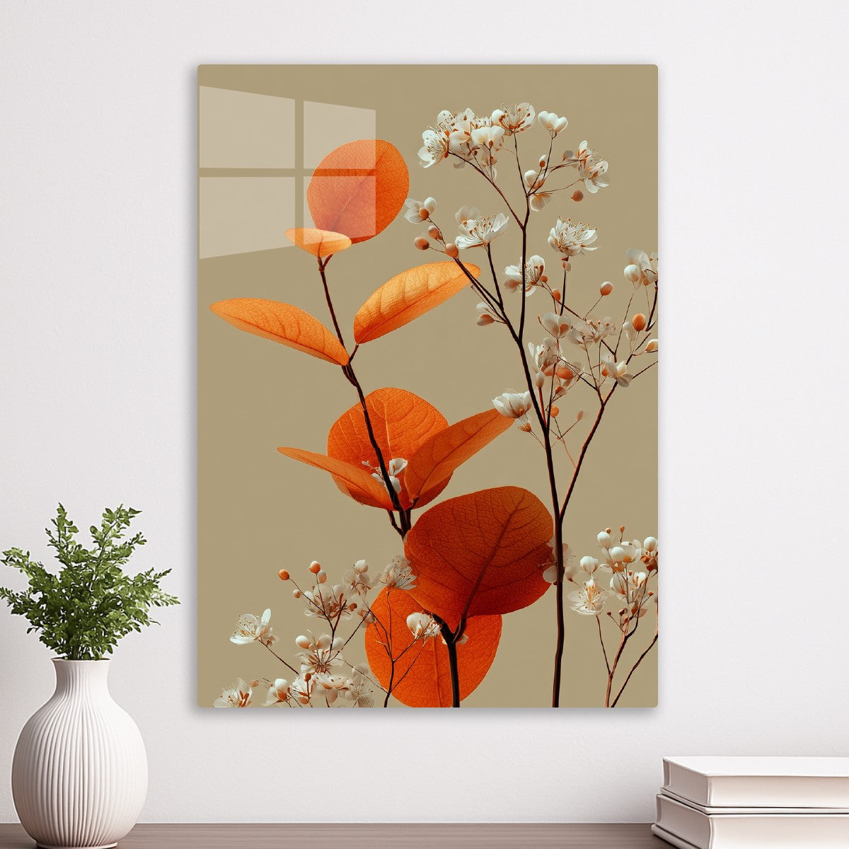 White flowers and orange leaves minimalism