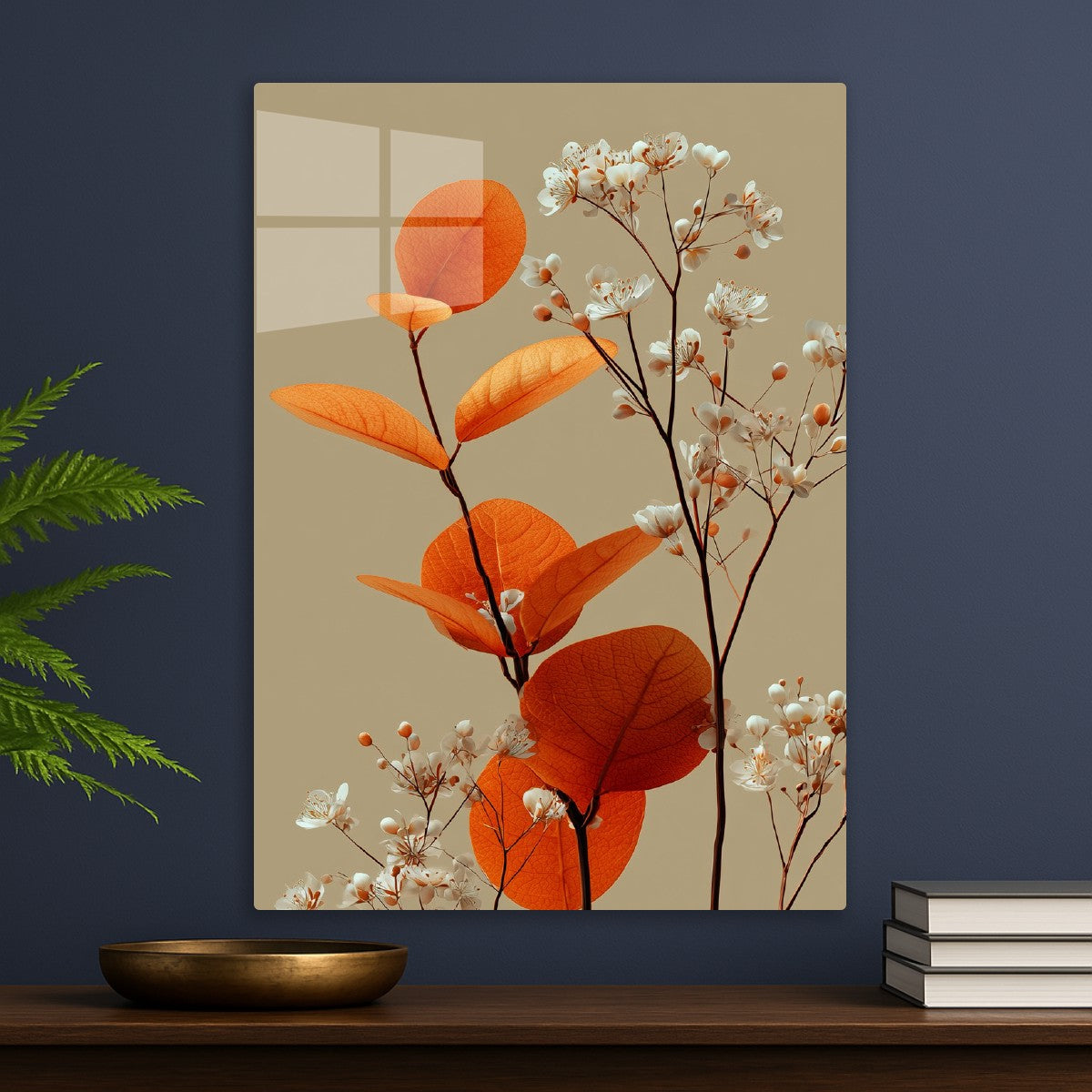 White flowers and orange leaves minimalism