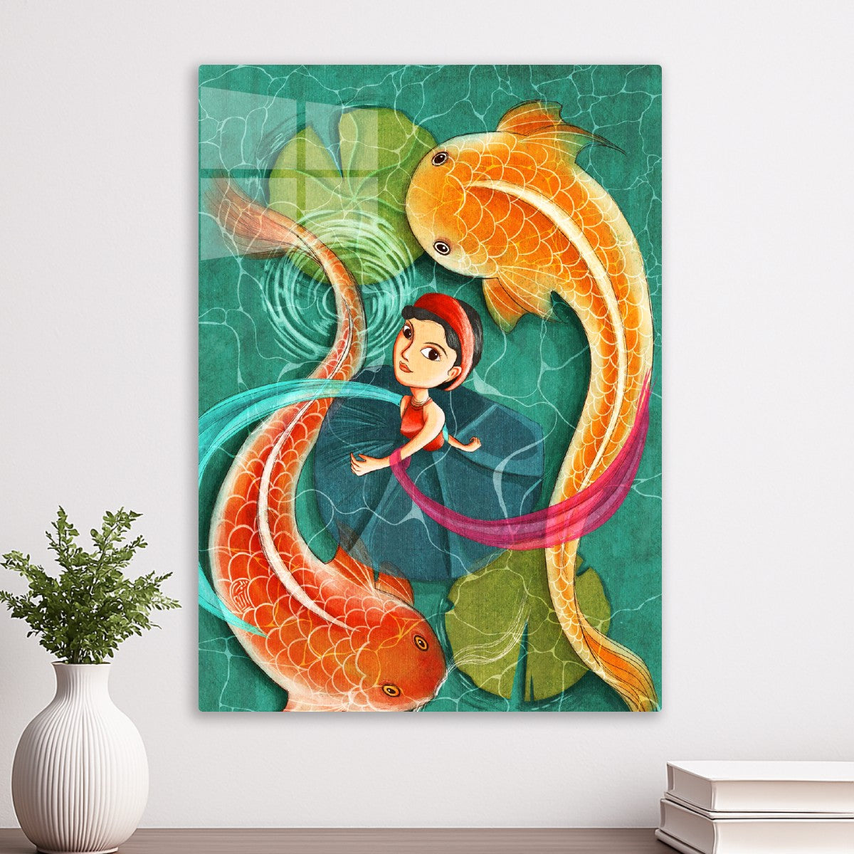 Vietnamese Girl and Two Koi Fishes