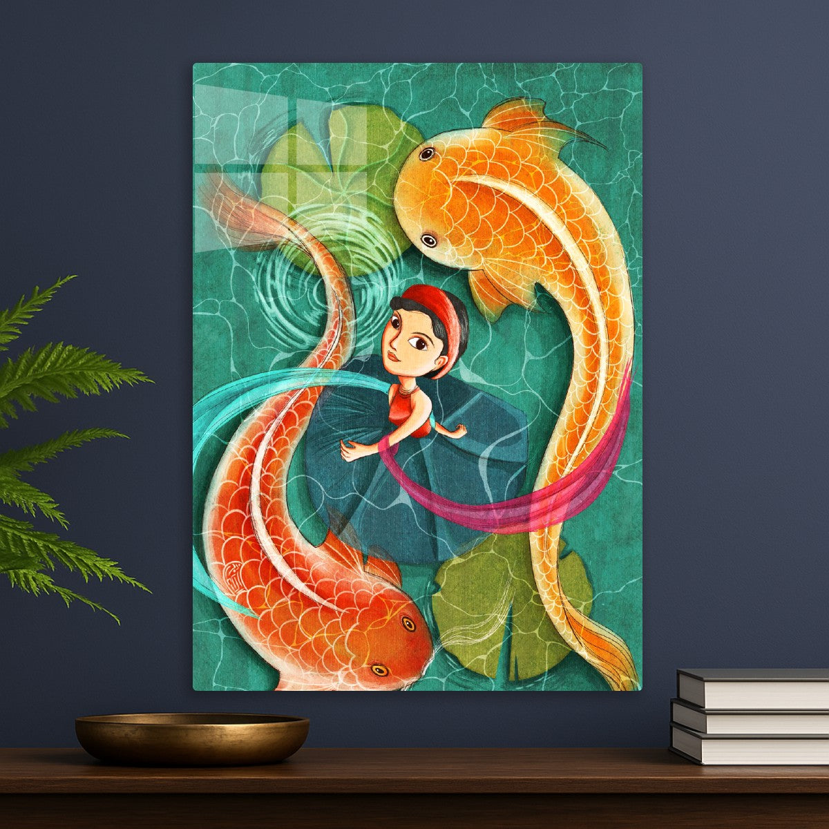 Vietnamese Girl and Two Koi Fishes