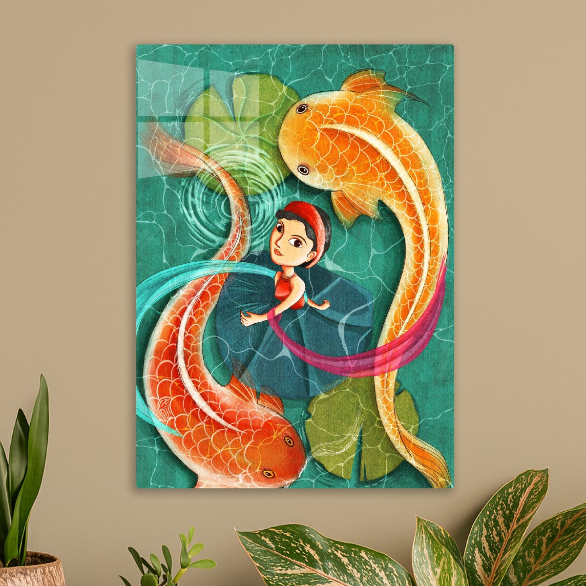 Vietnamese Girl and Two Koi Fishes