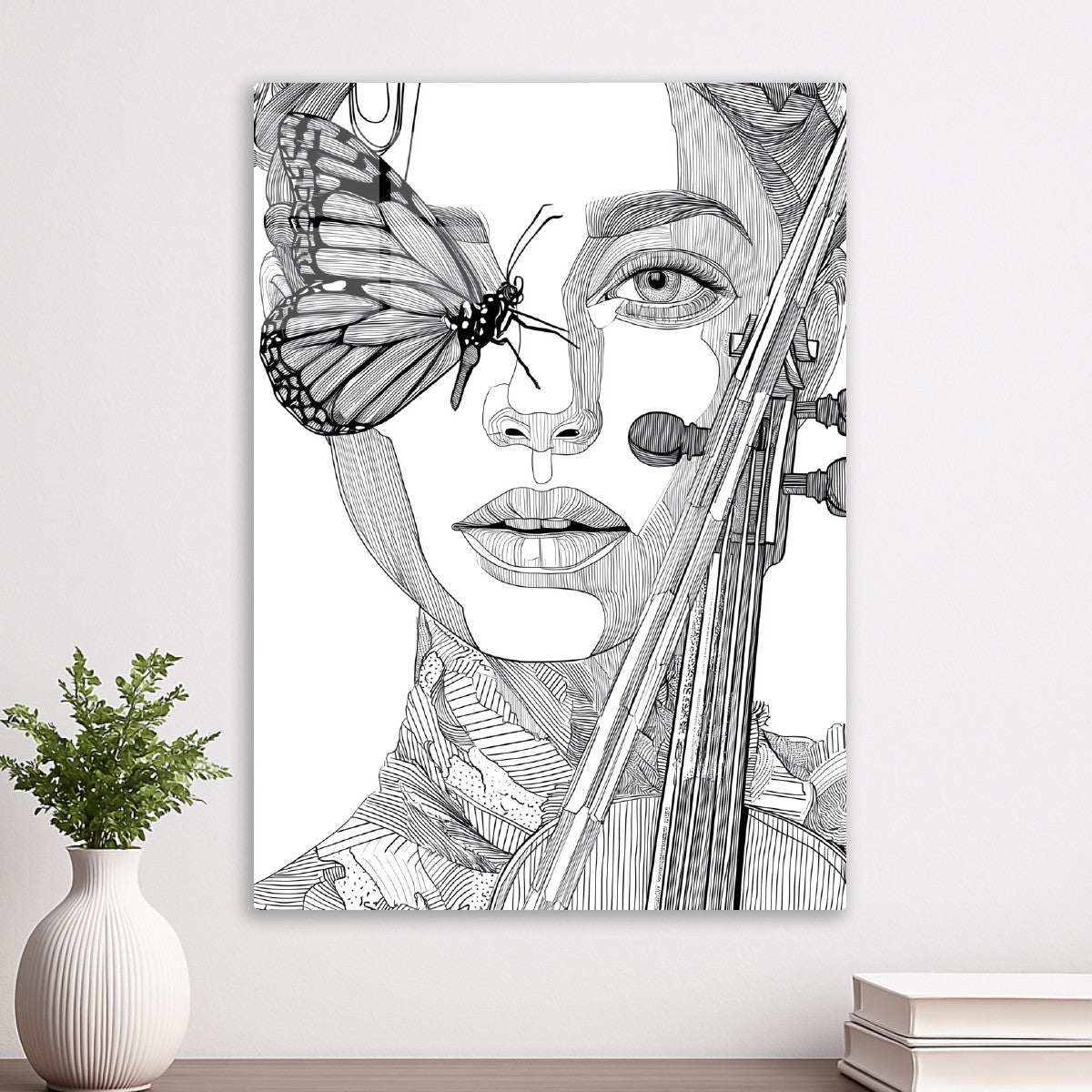 A woman violinist and a butterfly
