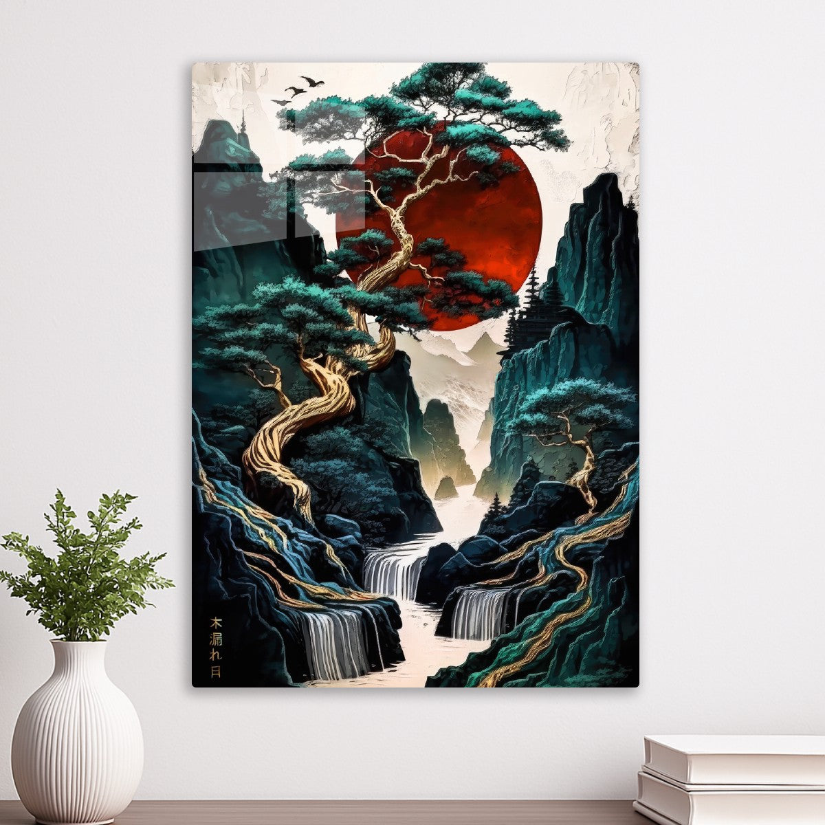 Japan landscape red moon