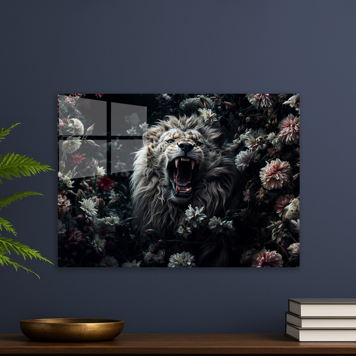 White lion amidst flowers