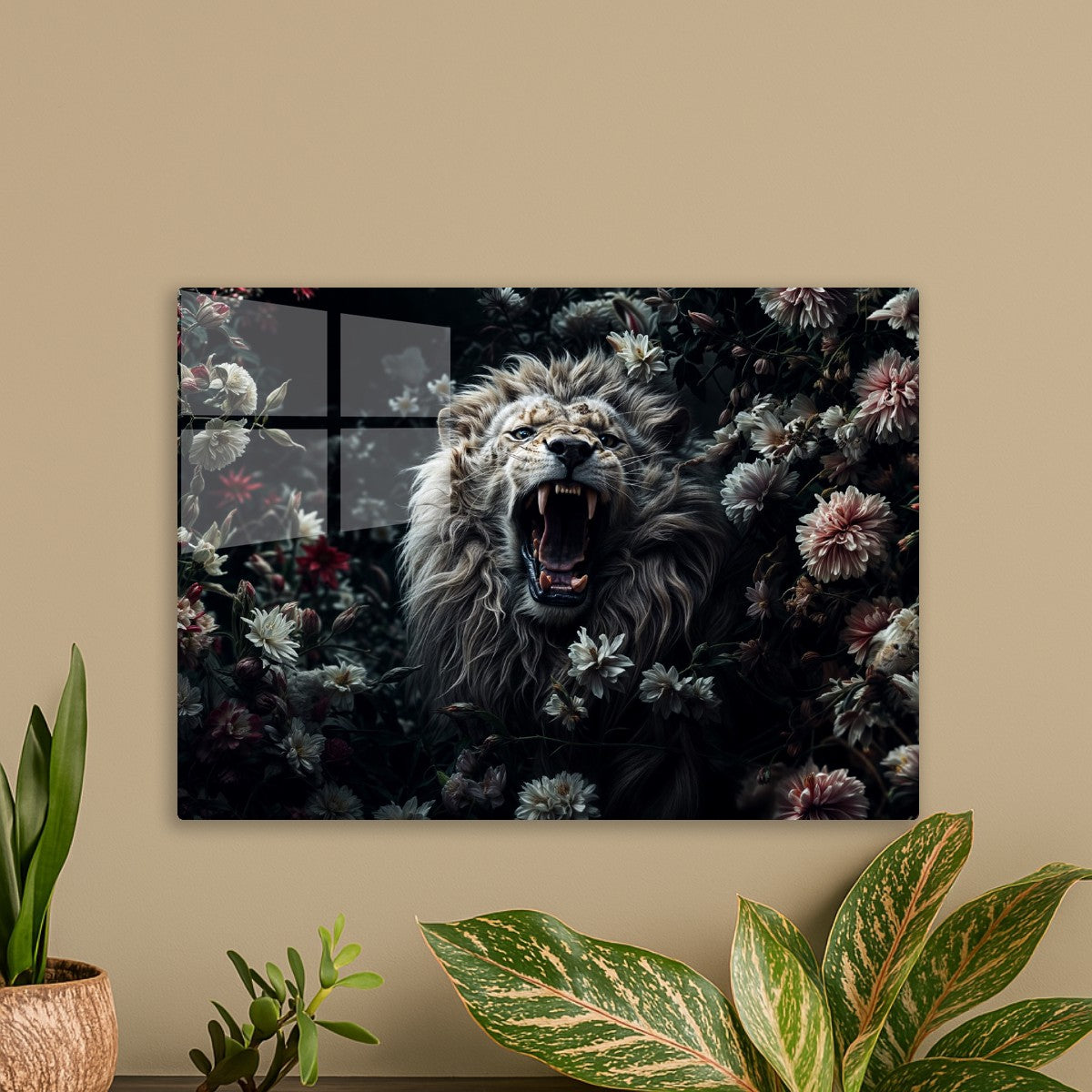 White lion amidst flowers