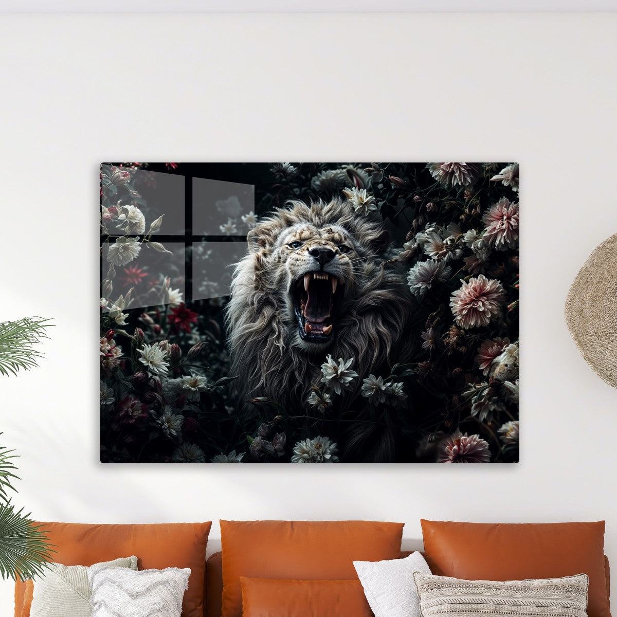 White lion amidst flowers