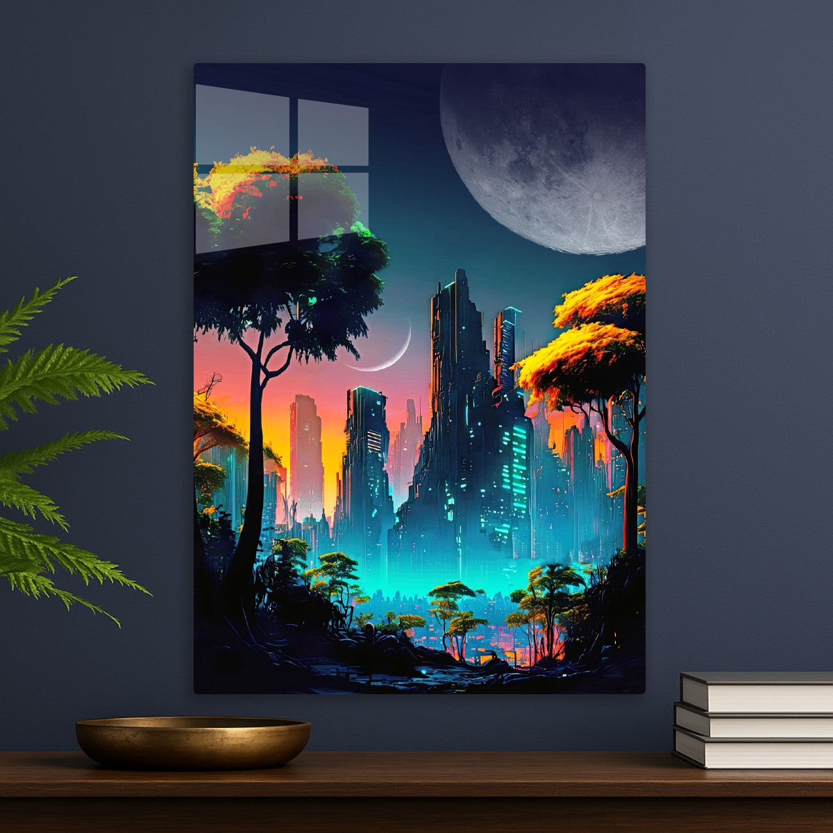 Neon cyberpunk city with Moons