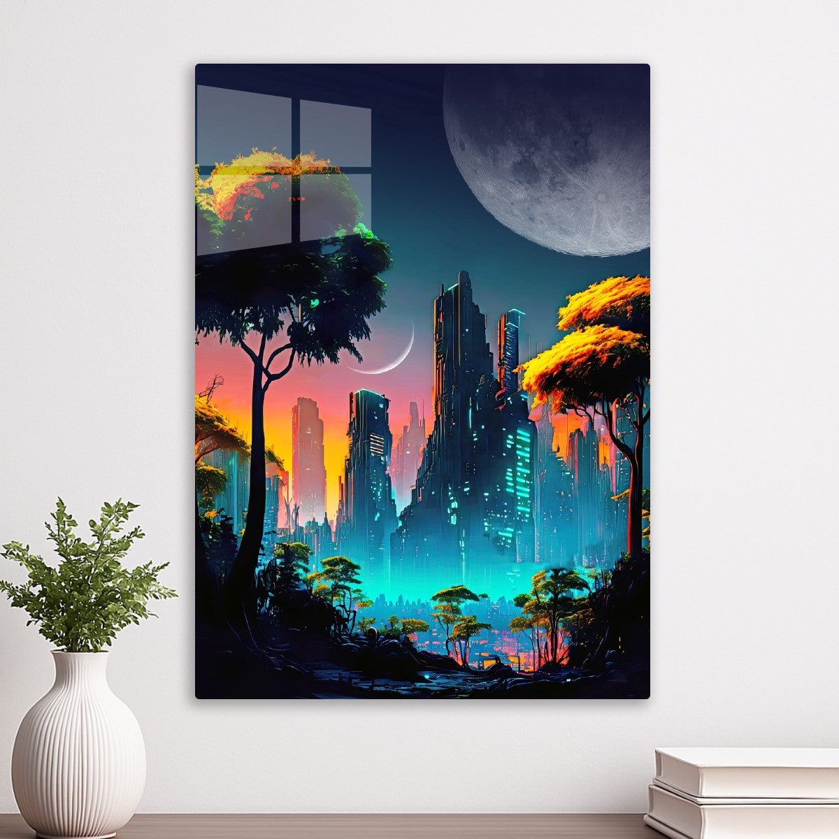 Neon cyberpunk city with Moons