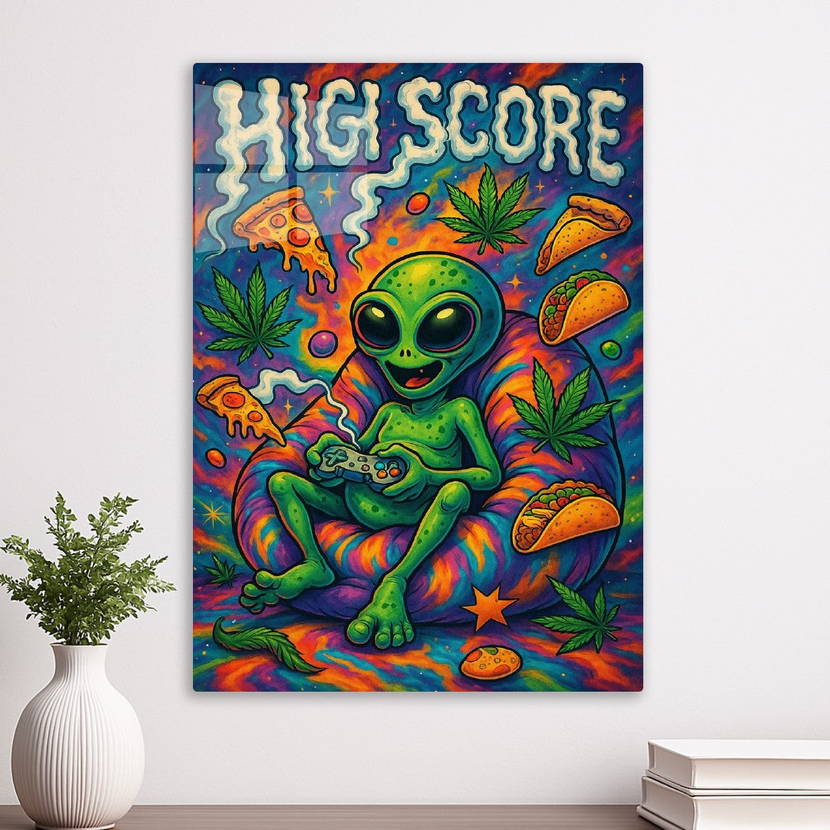 Green Alien playing with high score