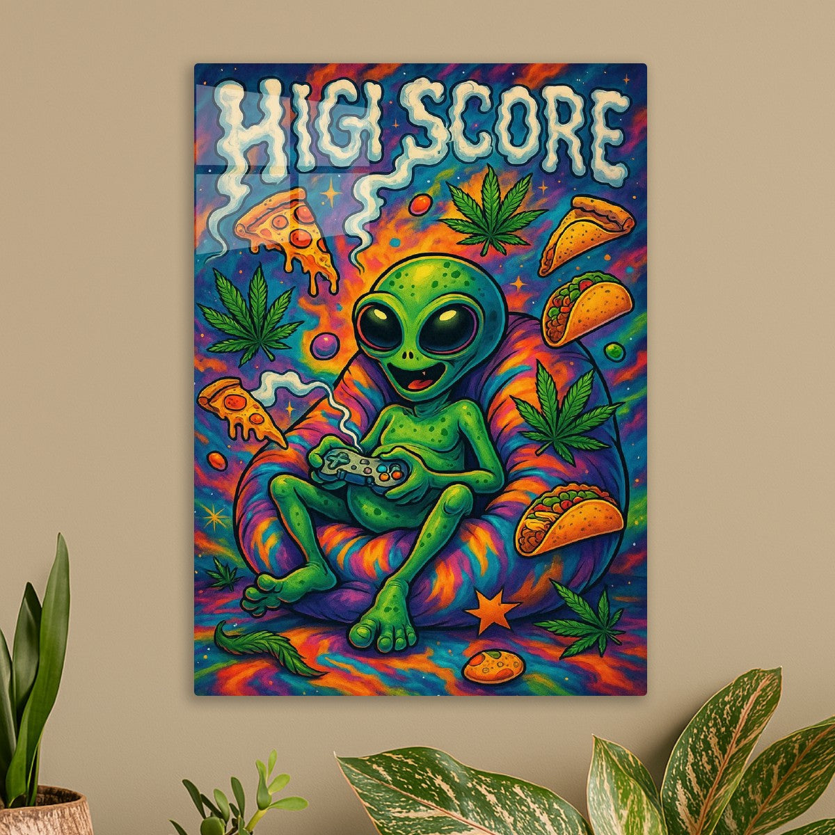Green Alien playing with high score