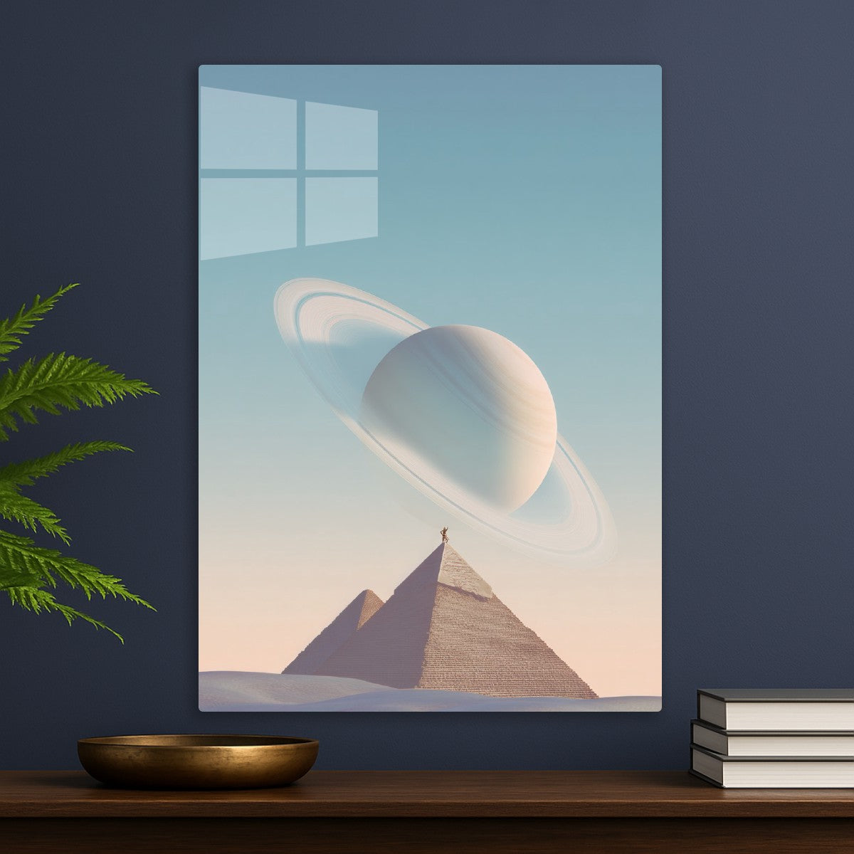 Saturn behind two pyramids 