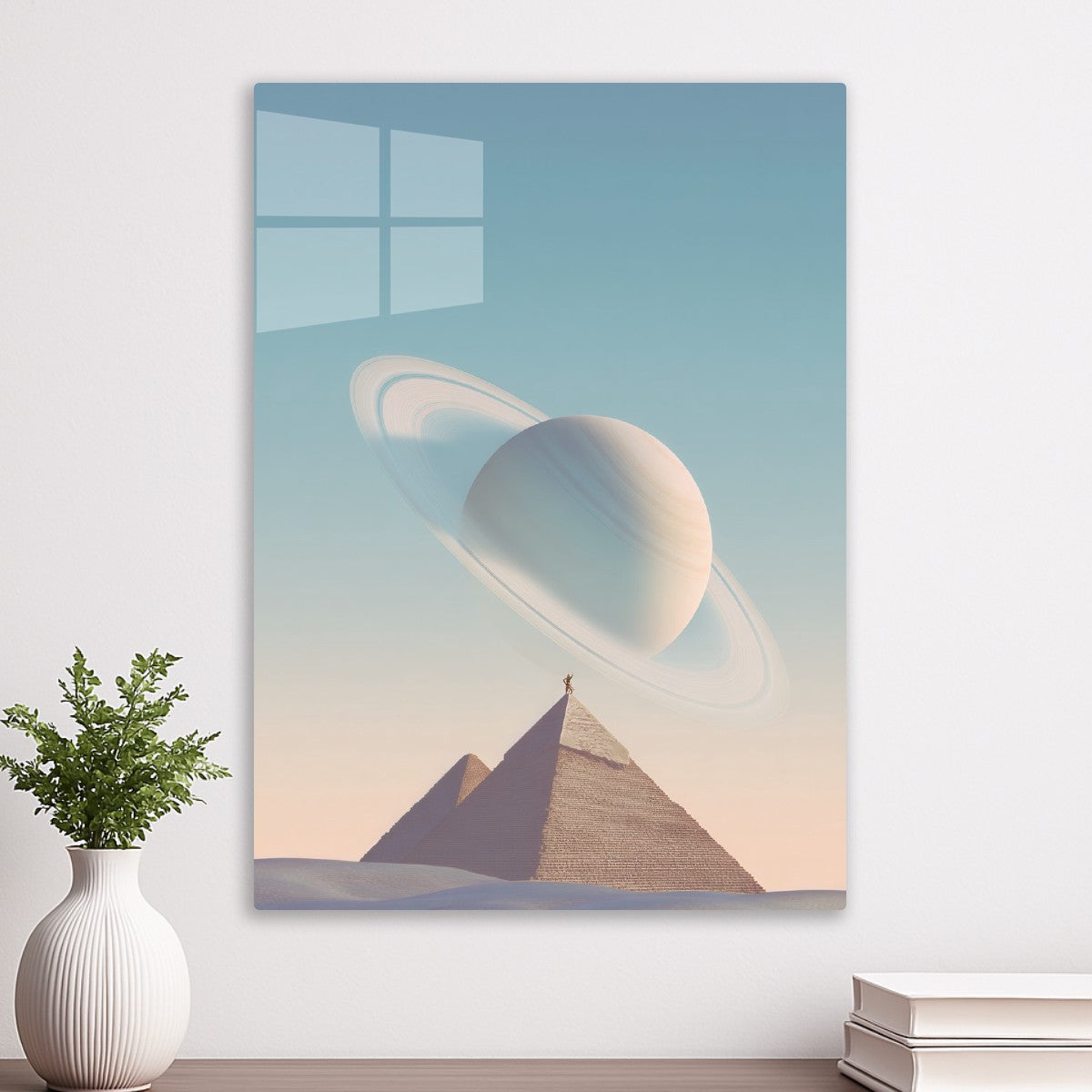 Saturn behind two pyramids 