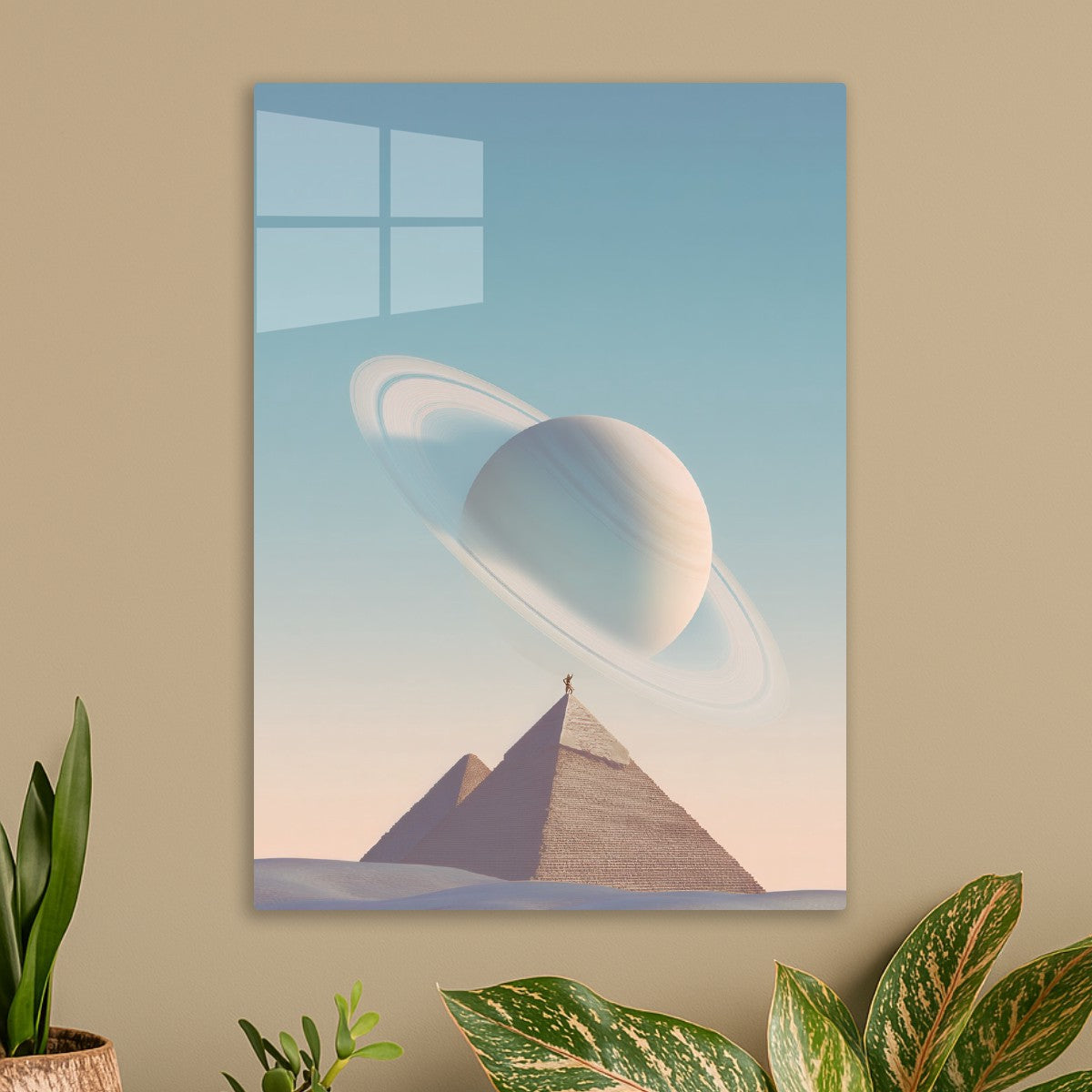 Saturn behind two pyramids 