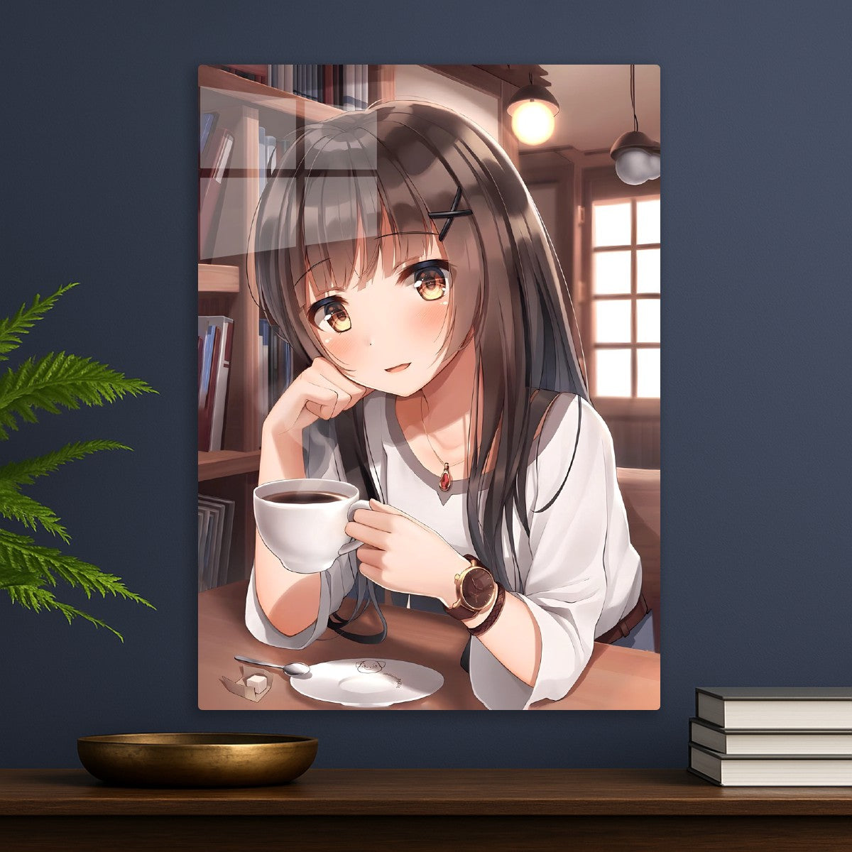 Anime girl drinking coffee