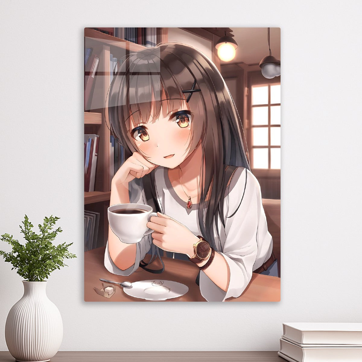 Anime girl drinking coffee
