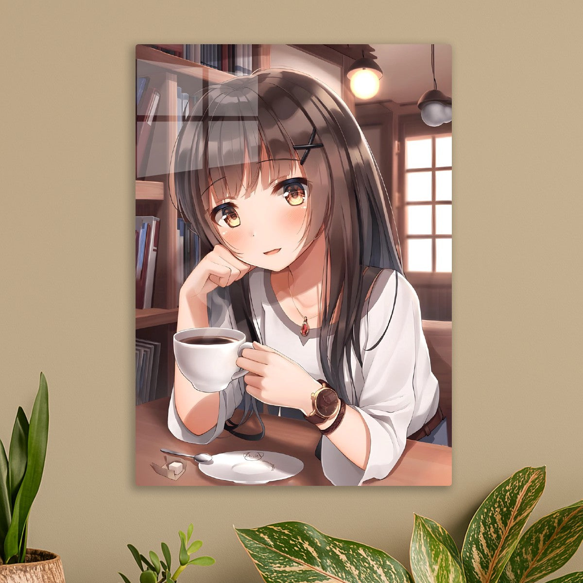 Anime girl drinking coffee