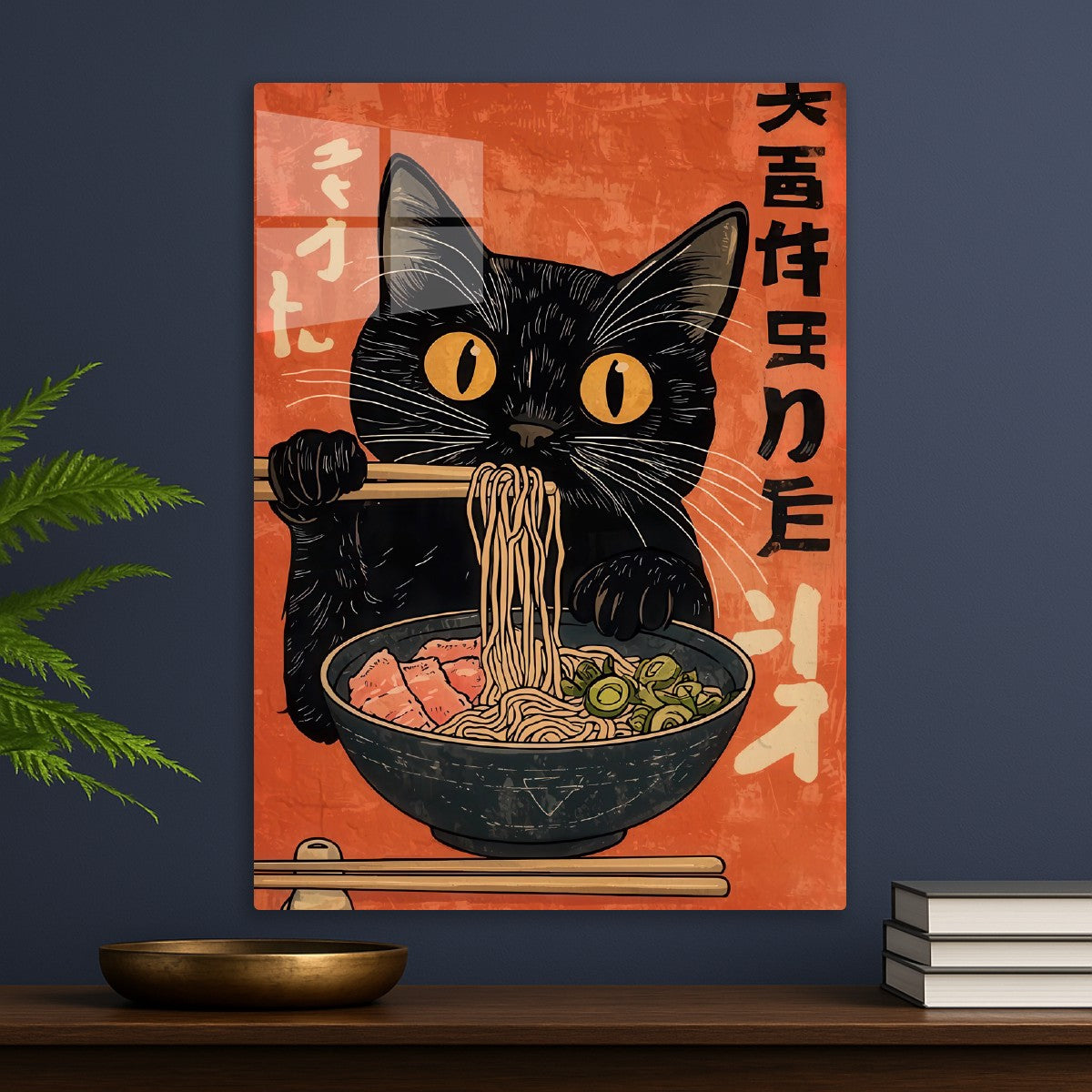 Black cat eating ramen