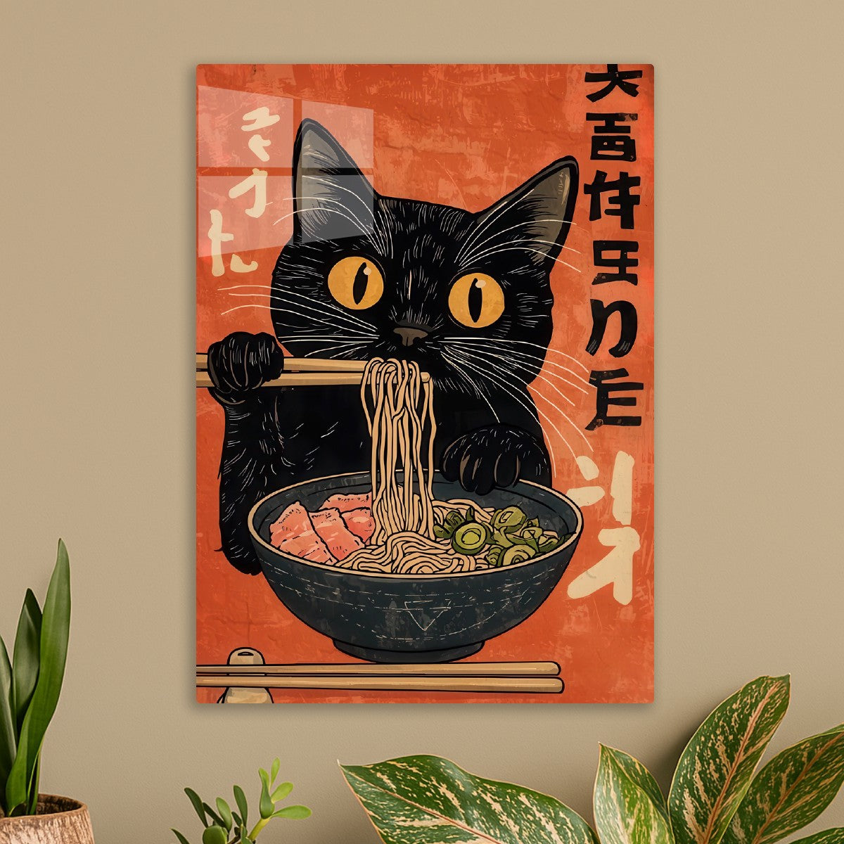 Black cat eating ramen